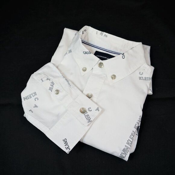 Calvin Klein Jeans All Over Print Dress Shirt Boys Button Up White Sz M Flaw - Picture 1 of 10